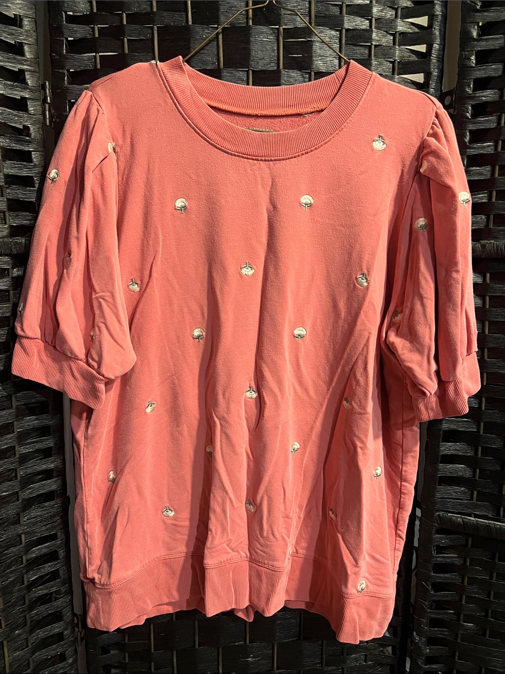 Summersalt Size L Coral Puff Short Sleeve Sweatshirt With Embroidered Flowers